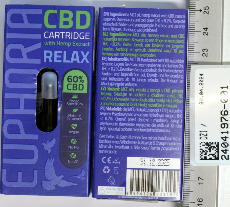 Imagen oficial de Electronic cigarette cartridge ; EUPHORIA ; CBD Cartridge Relax publicada por OECD
