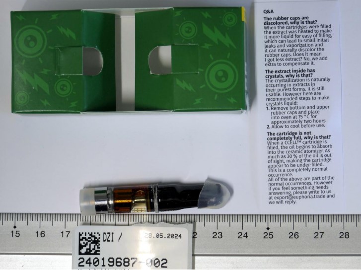 Imagen oficial de Electronic cigarette cartridge ; EUPHORIA ; CBD CARTRIDGE with Hemp Extract ENERGIZE publicada por OECD 4
