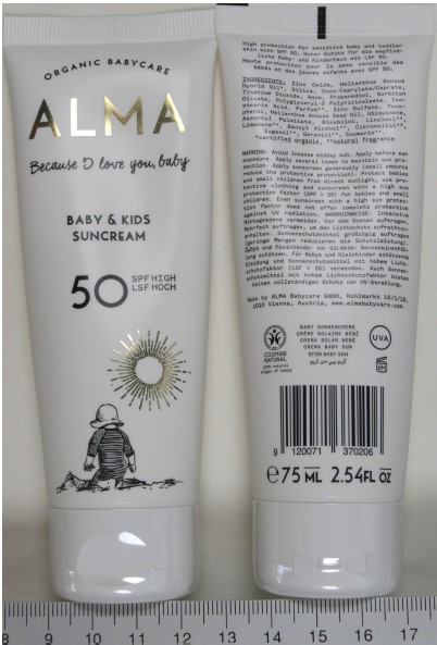Imagen oficial de Sunscreen ; ALMA ; Organic Babycare Baby & Kids Suncream 50 publicada por OECD