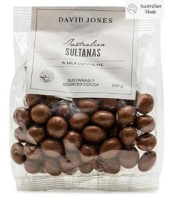 Imagen oficial de David Jones Australian Sultanas in Milk Chocolate 160g publicada por OECD