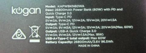 Imagen oficial de Kogan 26800 mAh Power Bank (60W) with PD and QC 3.0 publicada por OECD