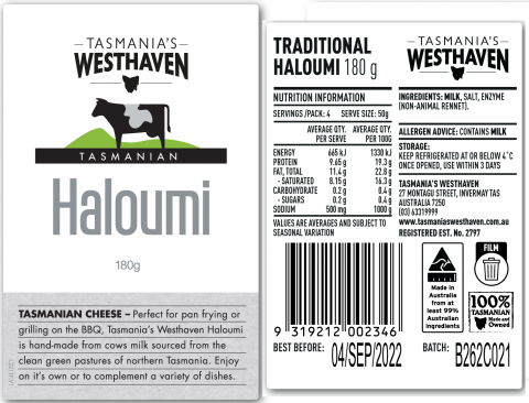 Imagen oficial de Tasmania's Westhaven Haloumi 180g publicada por OECD