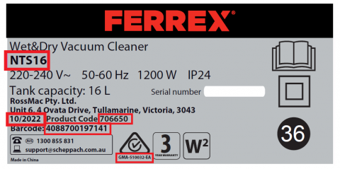 Imagen oficial de Ferrex 1200 W 16 L Wet and Dry Vacuum Model NTS16 publicada por OECD 2