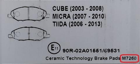 Imagen oficial de Super B Auto Brake Pads formula number M7260 publicada por OECD 2