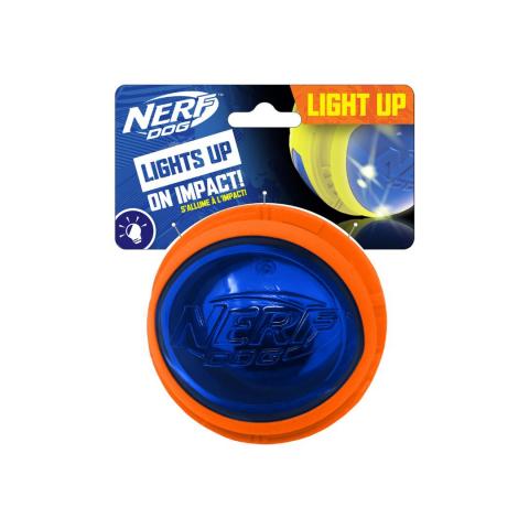 Imagen oficial de NERF Dog 4in Megaton LED ball - blue/orange and NERF Dog 12in Megaton LED vortex - blue/green publicada por OECD