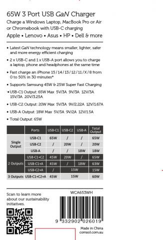 Imagen oficial de Comsol 65W 3 Port USB-A/USB-C Laptop GaN Wall Charger - sold at Officeworks publicada por OECD 4