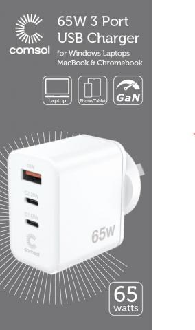 Imagen oficial de Comsol 65W 3 Port USB-A/USB-C Laptop GaN Wall Charger - sold at Officeworks publicada por OECD 3