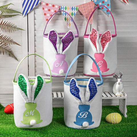 Imagen oficial de Personalized Easter bunny basket with initial and sequined plush LED light rabbit ears publicada por OECD