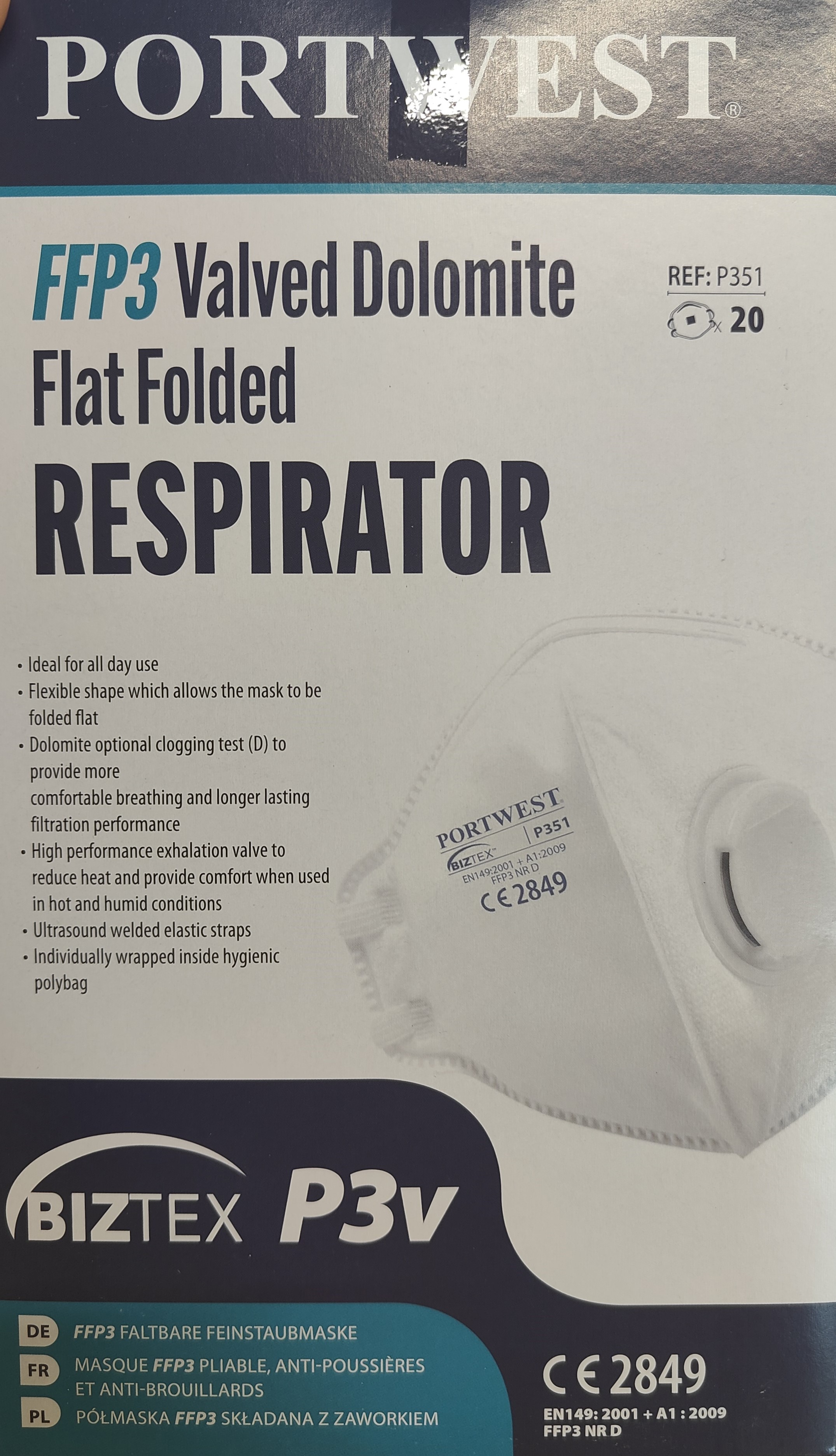 Imagen oficial de Particle filter mask ; Portwest ; FFP3 Valved Dolomite Flat Folded Respirator publicada por OECD