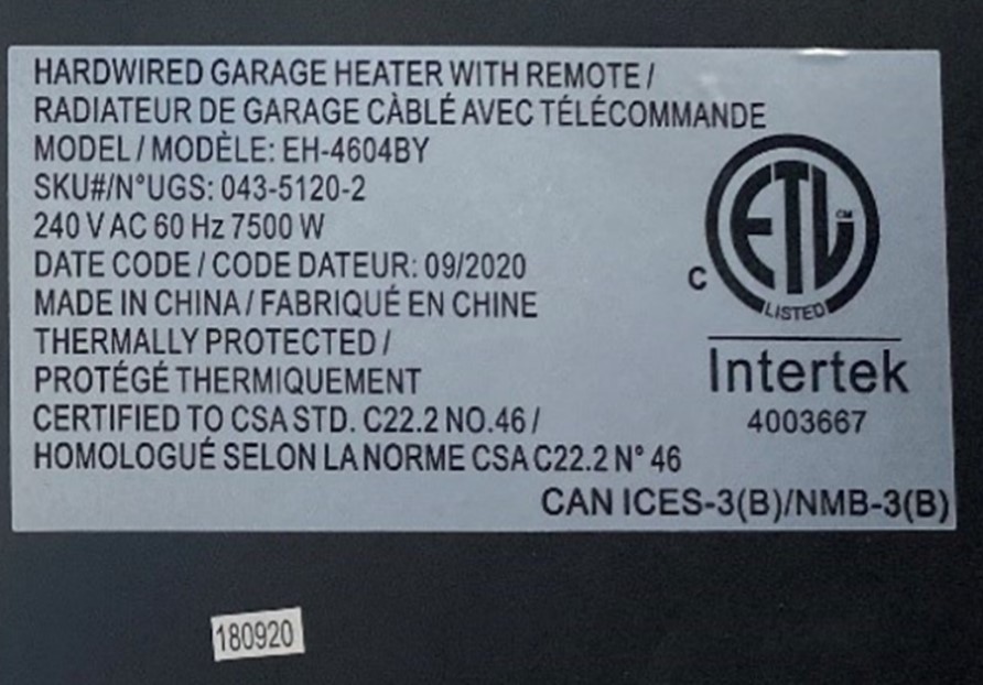 Imagen oficial de Thermosphere and Mastercraft Ceiling-Mounted 7500W/240V Electric Utility Workshop/Garage Heater, Model EH-4604BY with Remote Control & Thermostat publicada por OECD 3