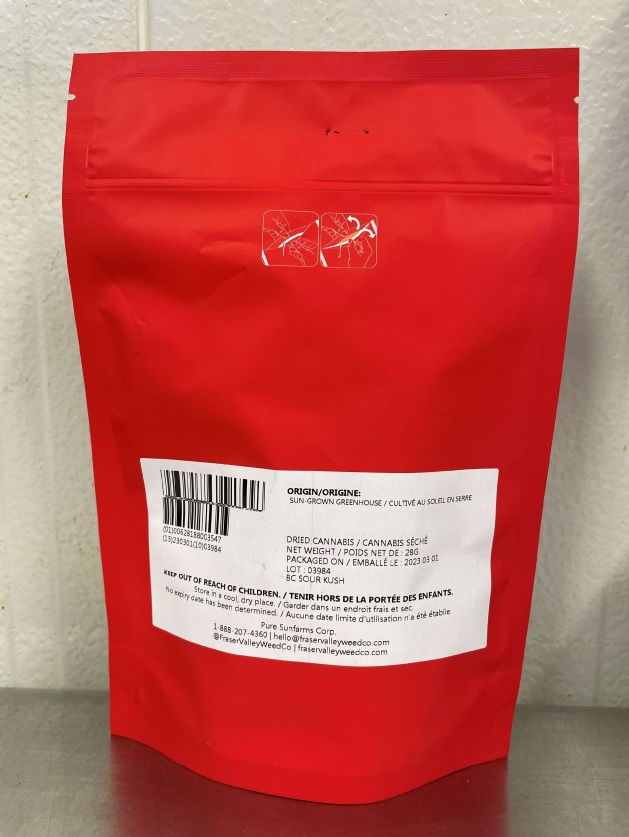 Imagen oficial de Original Fraser Valley Weed Co. B.C. Sour Kush dried cannabis, lots 03984 and 03985 publicada por OECD 2