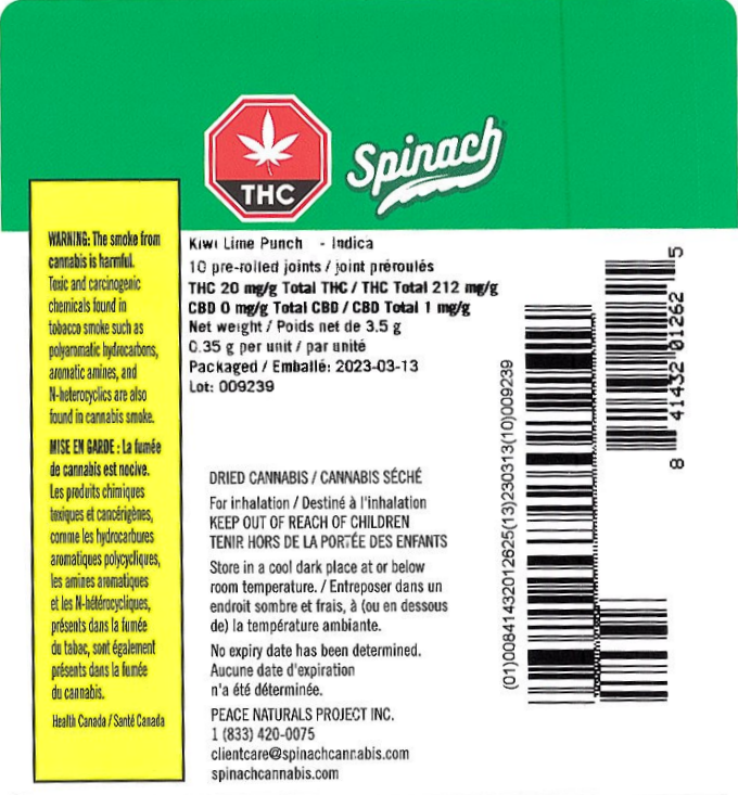 Imagen oficial de Spinach Kiwi Lime Punch pre-rolled joints dried cannabis, Lot 009239 publicada por OECD