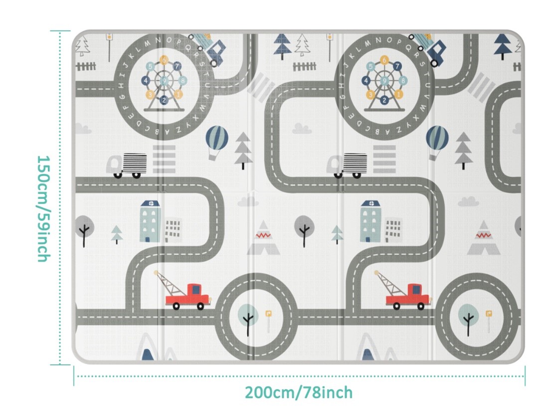 Imagen oficial de FLAGAV 79 x 59 inch Play Mat with roads, hot air balloons and Ferris wheels, and truck graphic designs publicada por OECD 2