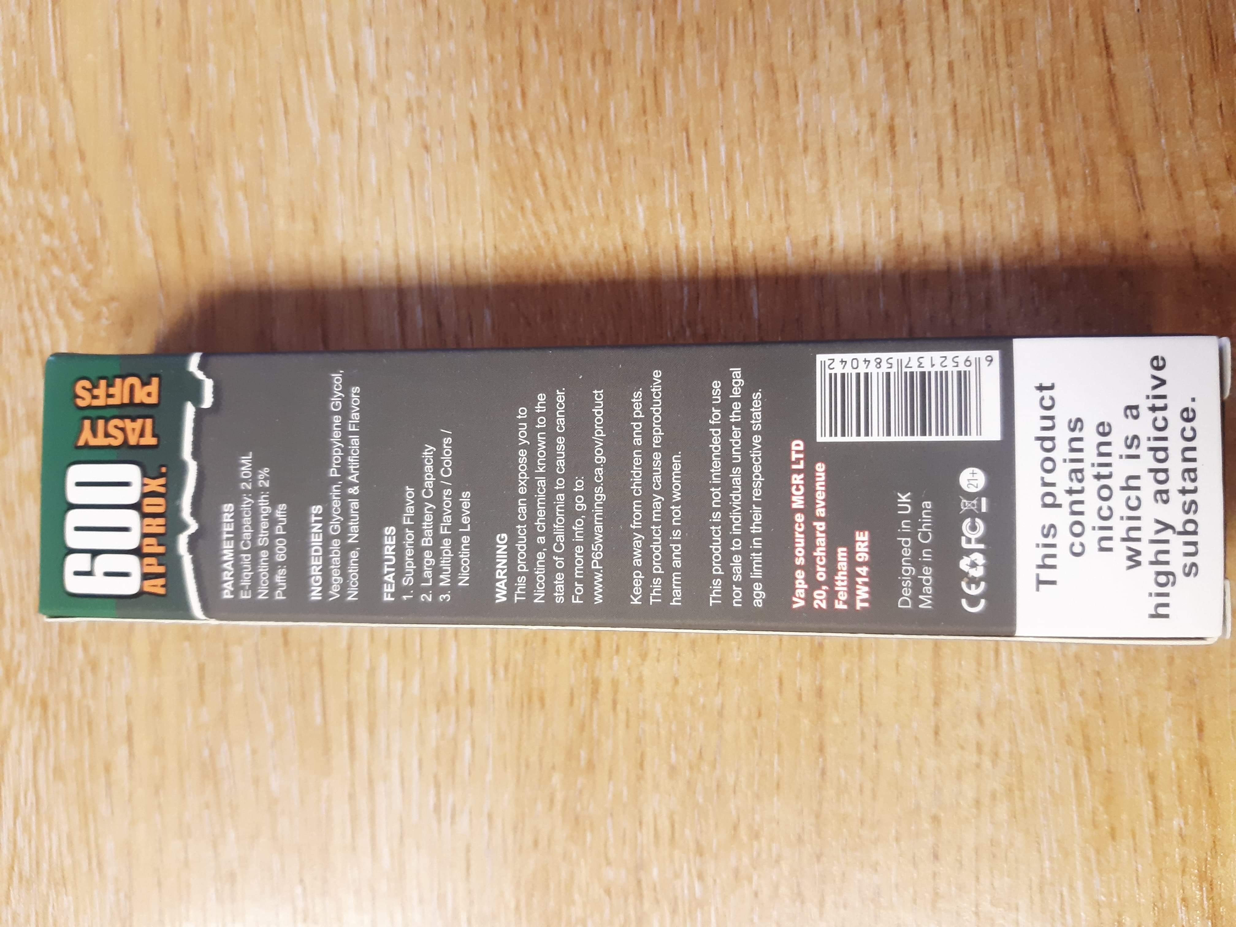 Official image of Disposable electronic cigarette ; Raw Bar 600 Approx. Tasty Puffs 20 mg/ml (2%) ; Raw Bar 600 puffs published by OECD 2