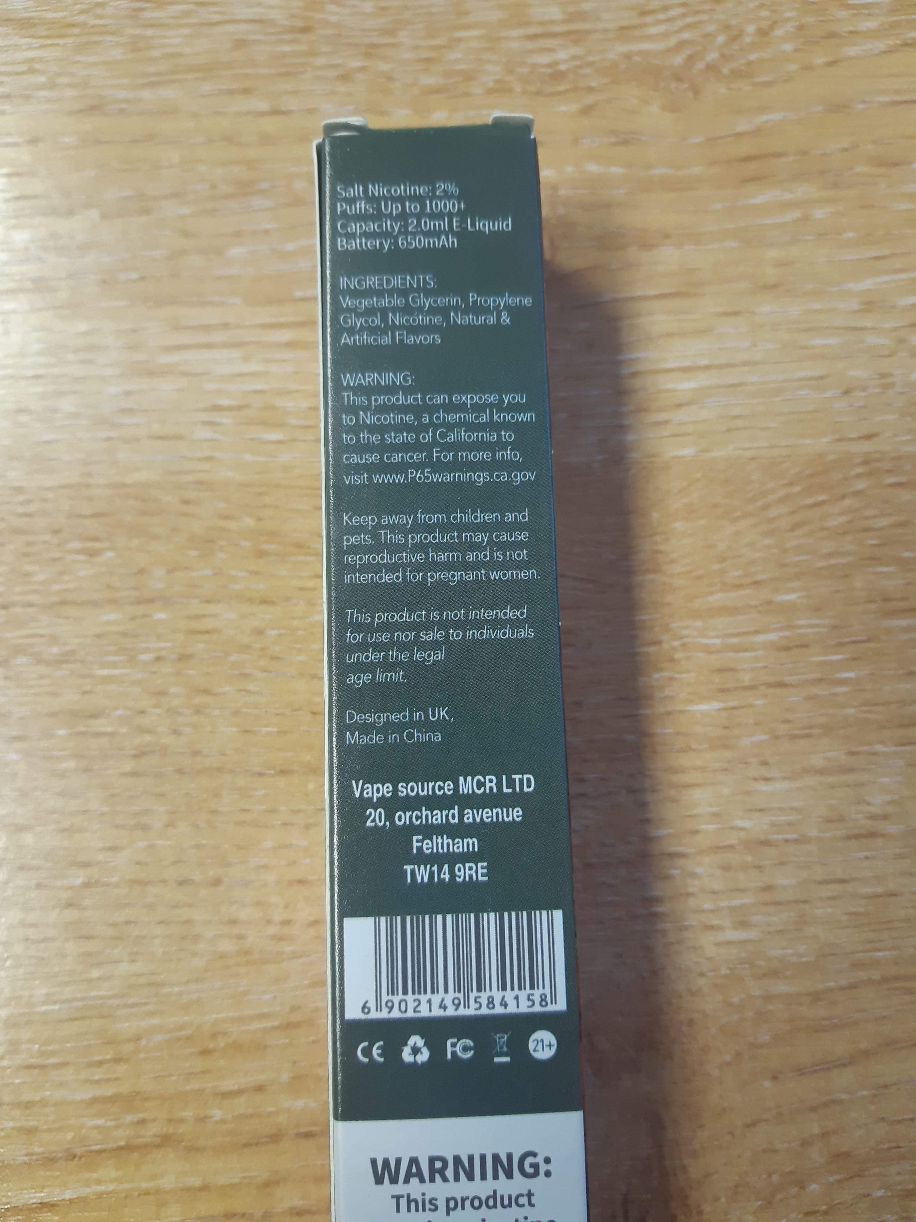 Official image of Disposable electronic cigarette ; Shisha Bar ; Shisha Bar 1000+ NIC Puffs 20 mg/ml (2%) nicotine published by OECD 2