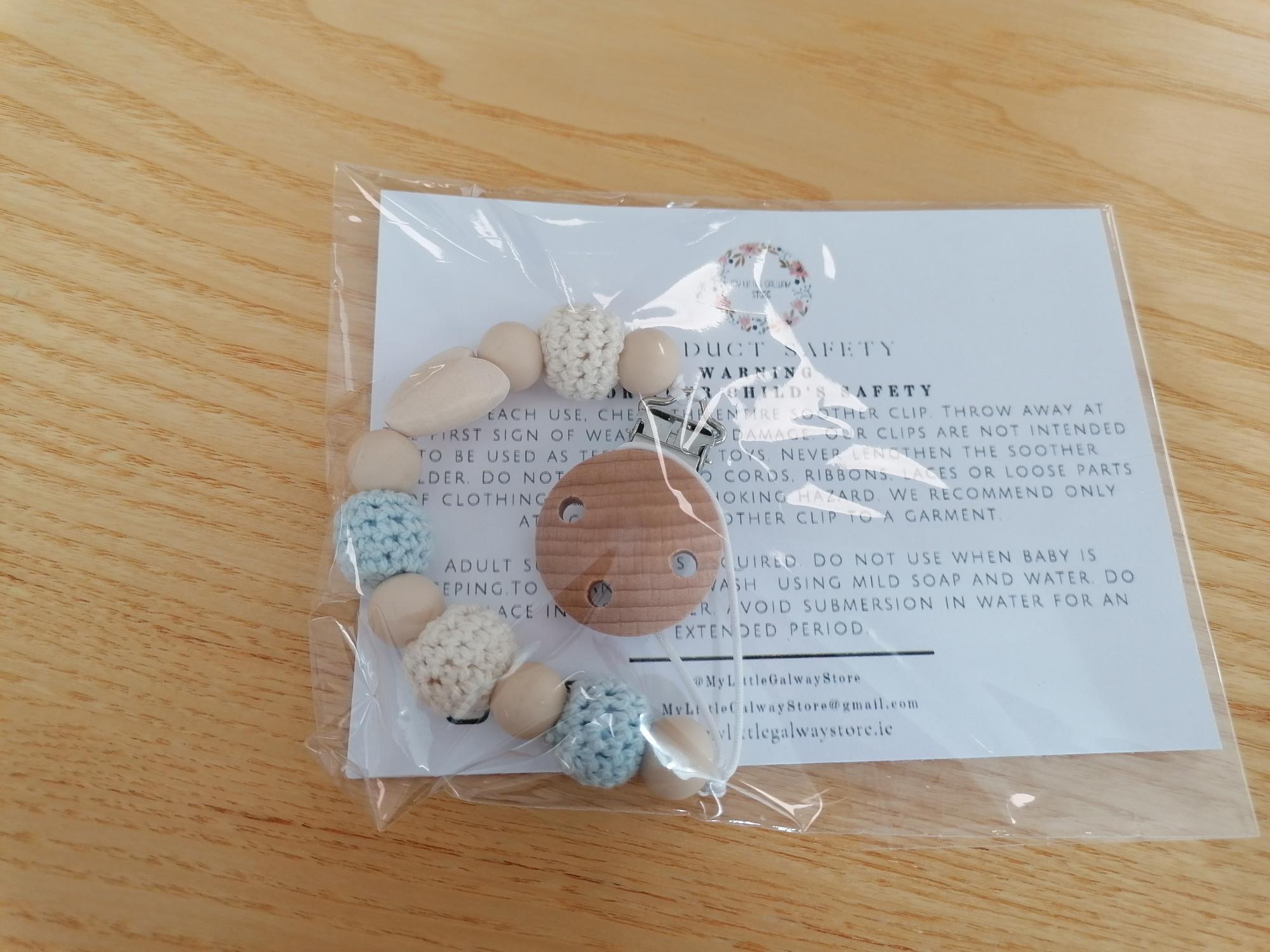 Official image of Baby soother holder ; My Little Galway Store ; Love Baby Blue Soother Clip published by OECD