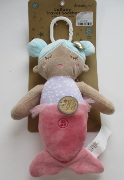 Official image of Soft toy ; Dreamgro ; Mermaid Lullaby Travel Soother with Stroller Hook published by OECD 2