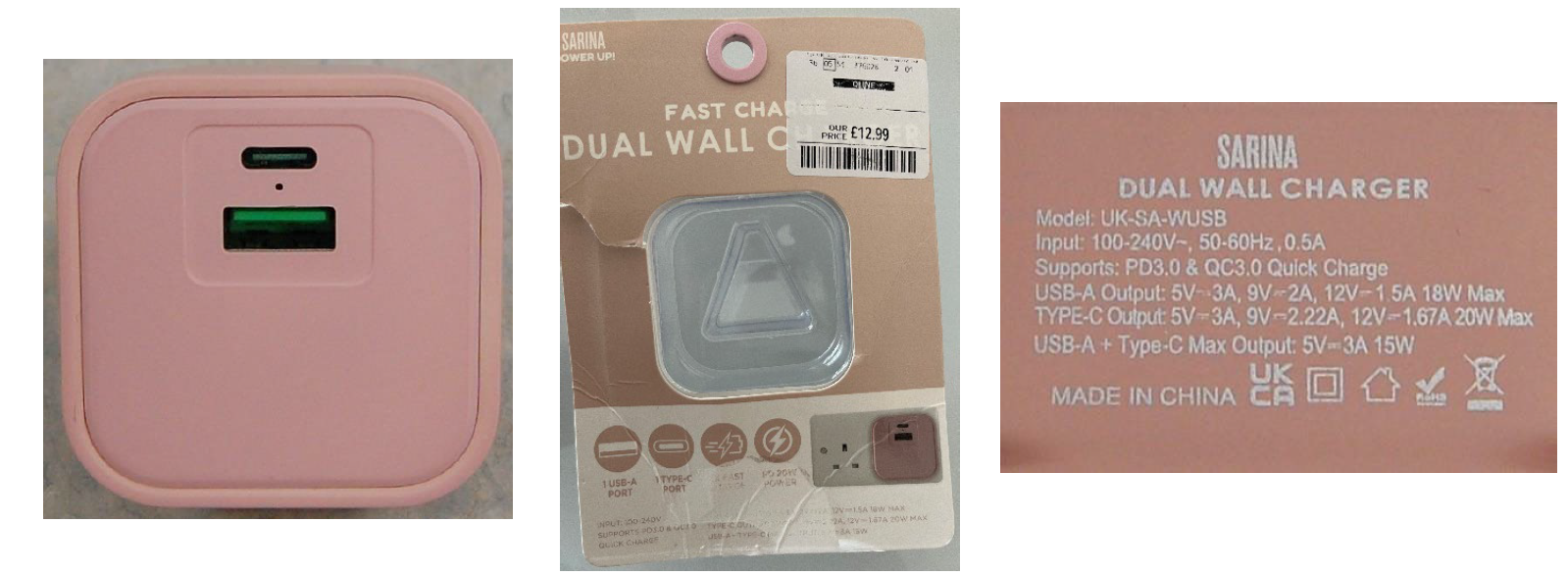 Official image of USB charger ; Sarina ; Fast Charge Dual Wall Charger published by OECD