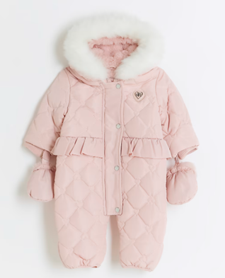 Official image of Children's snowsuit ; River Island ; Baby Girls Pink Peplum Quilted Snowsuit published by OECD