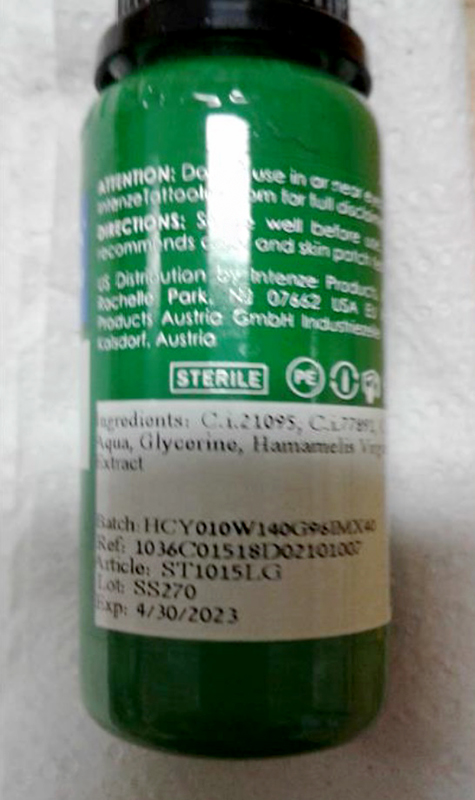 Official image of Tattoo ink ; INTENZE ; LIGHT GREEN published by OECD