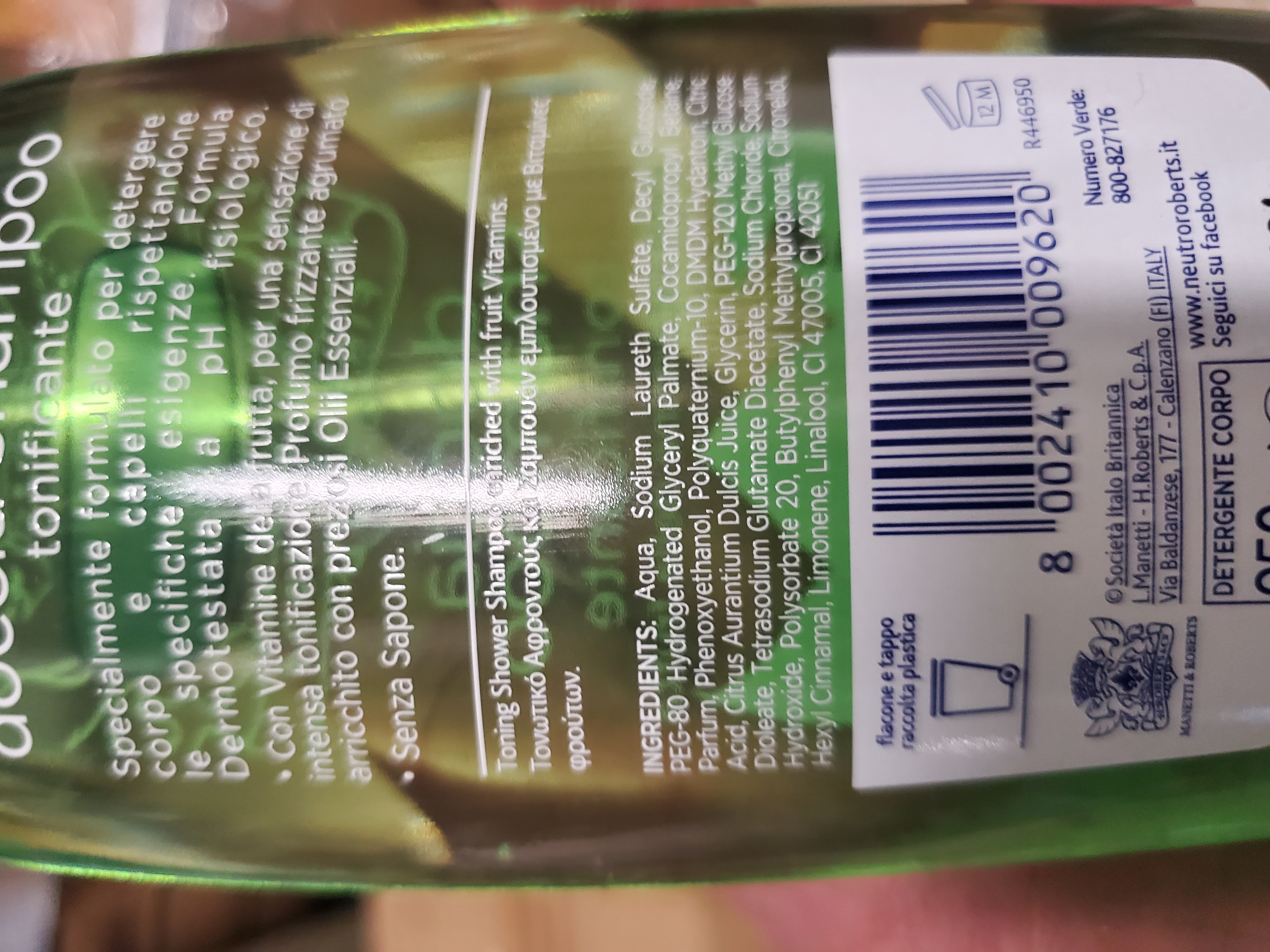 Official image of Hair and body wash ; Neutro Roberts ; Doccia Shampoo tonificante con vitamine della frutta published by OECD 2
