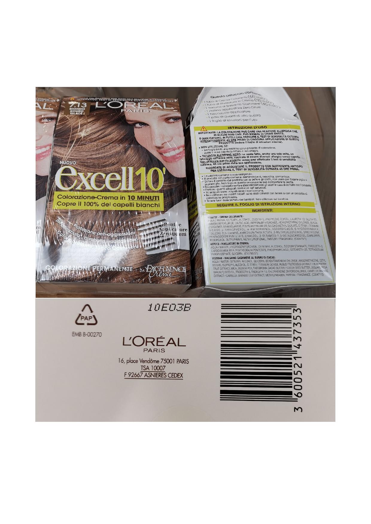 Official image of Hair dye ; L'OREAL PARIS ; Excell10 - colorazione permanente - biondo scuro glace 7.13 published by OECD