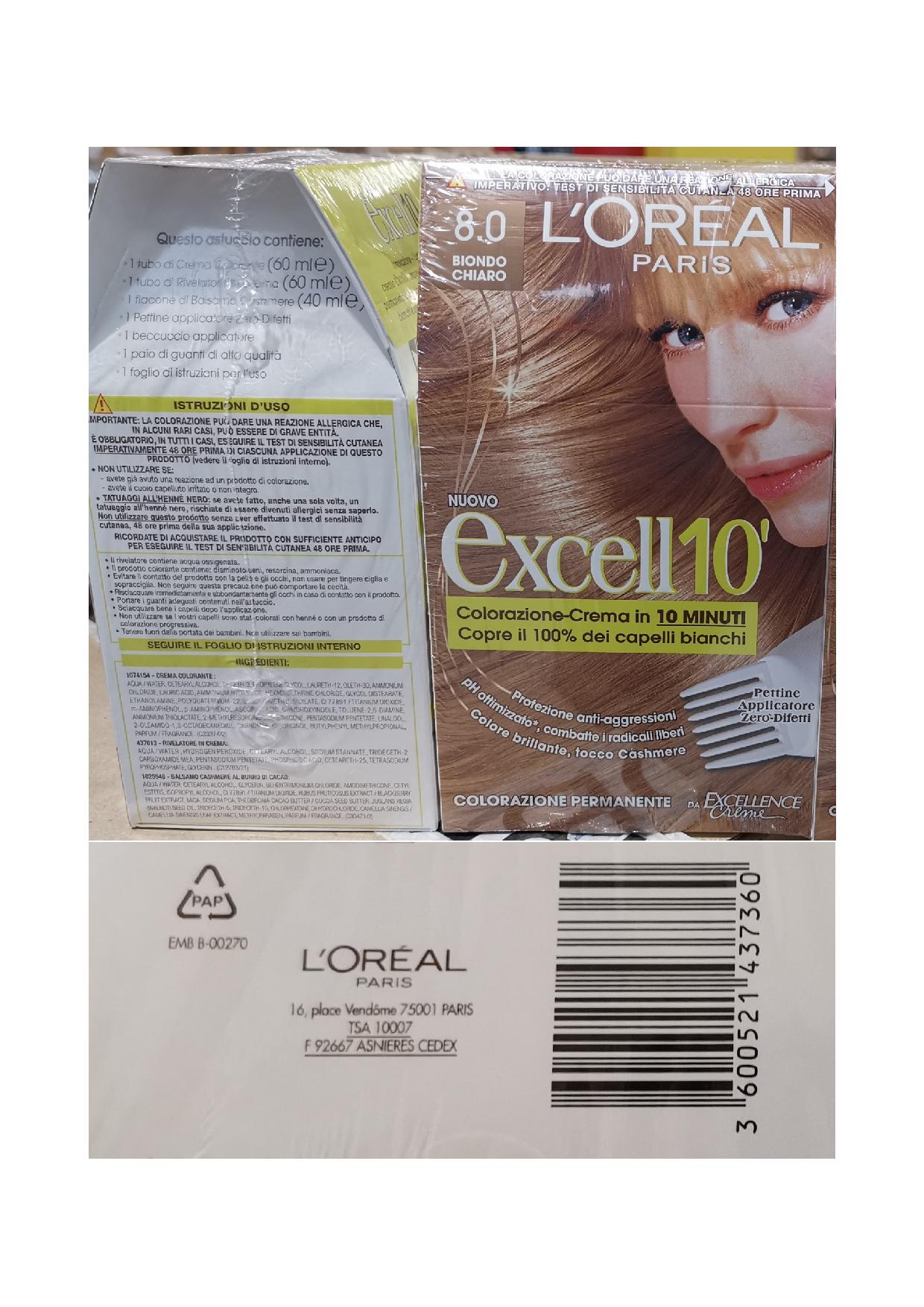 Official image of Hair dye ; L'OREAL PARIS ; Excell 10 - Biondo chiaro 8.0 published by OECD