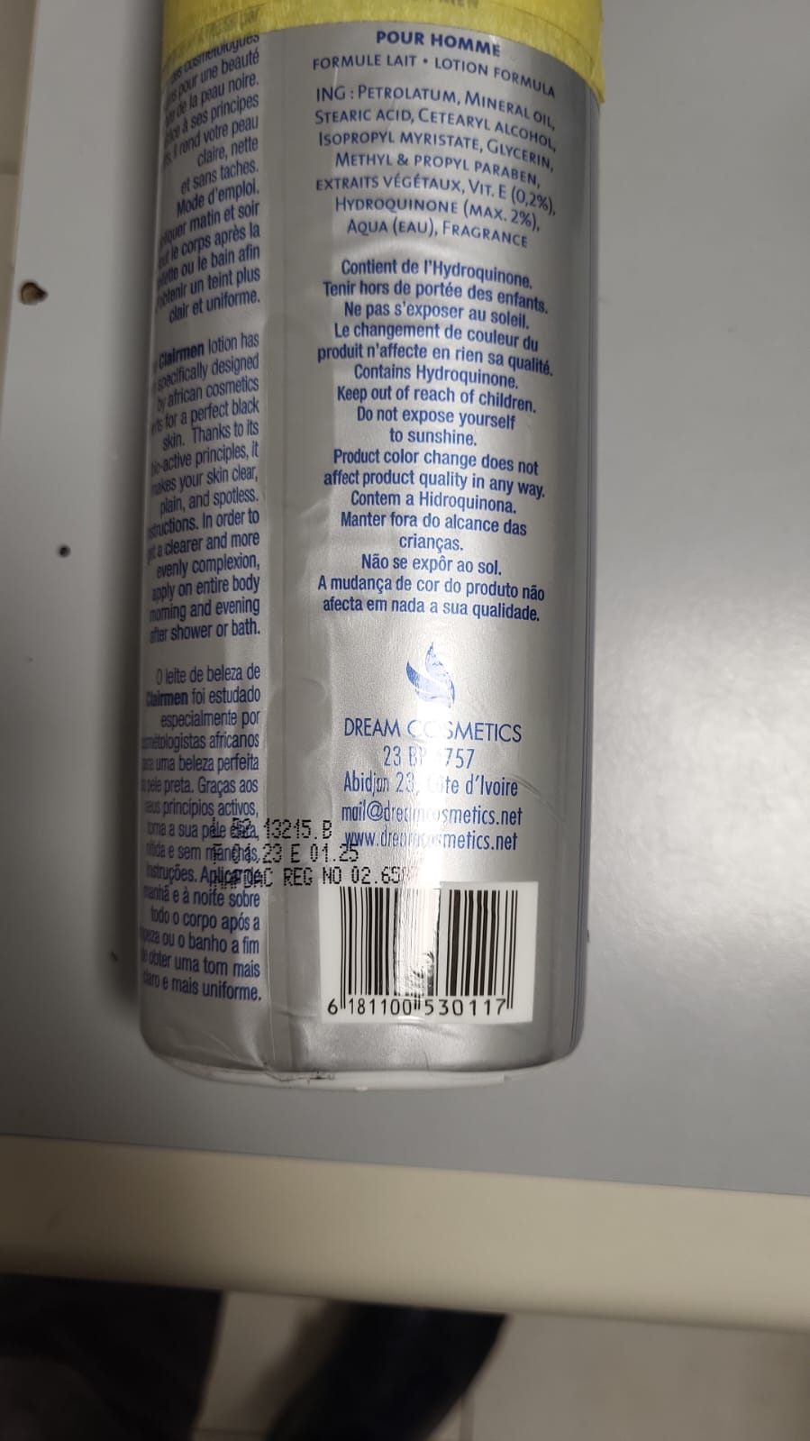 Official image of Skin lightening cream ; Dream Cosmetics ; Clairmen published by OECD 2