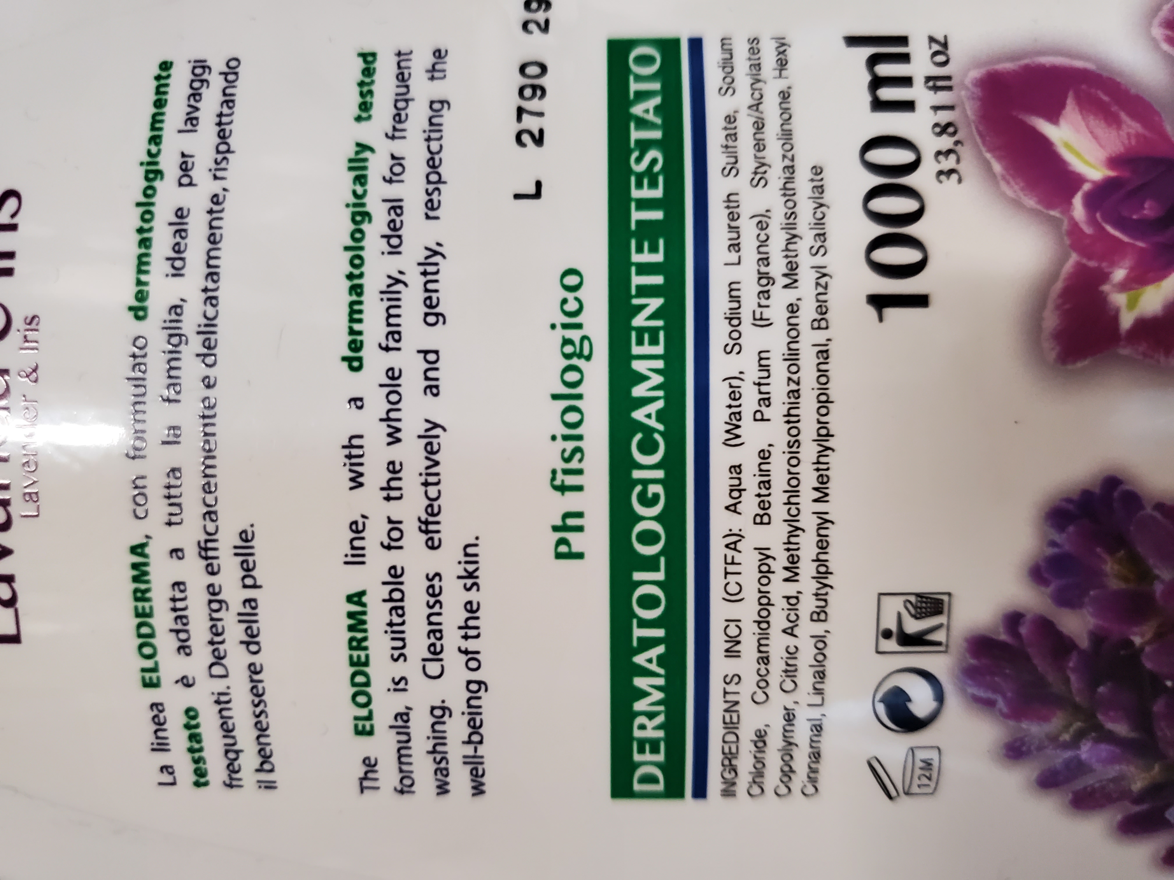 Official image of Liquid soap ; Eloderma Italia ; LAVANDA E IRIS published by OECD 5