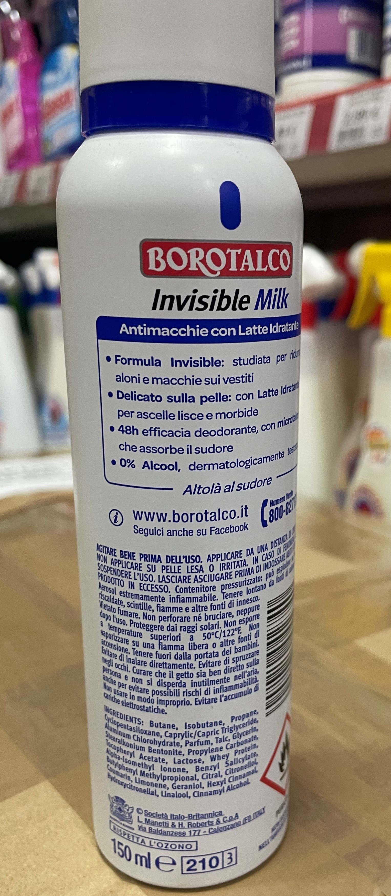 Official image of Deodorant spray ; BOROTALCO ; Invisible Milk Antimacchie con Latte Idratante published by OECD 2