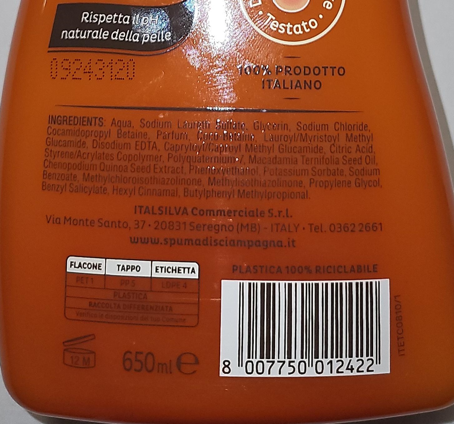 Official image of Bath and shower cream ; SPUMA DI SCIAMPAGNA ; Vellutante Olio di Macadamia e Quinoa - Rigenerante Ametista e Orchidea published by OECD 4
