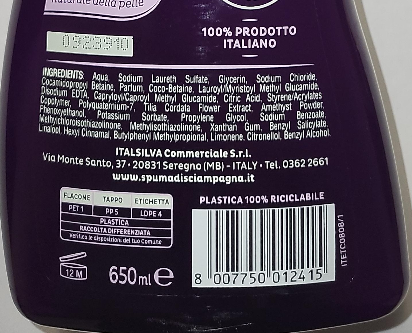 Official image of Bath and shower cream ; SPUMA DI SCIAMPAGNA ; Vellutante Olio di Macadamia e Quinoa - Rigenerante Ametista e Orchidea published by OECD 5