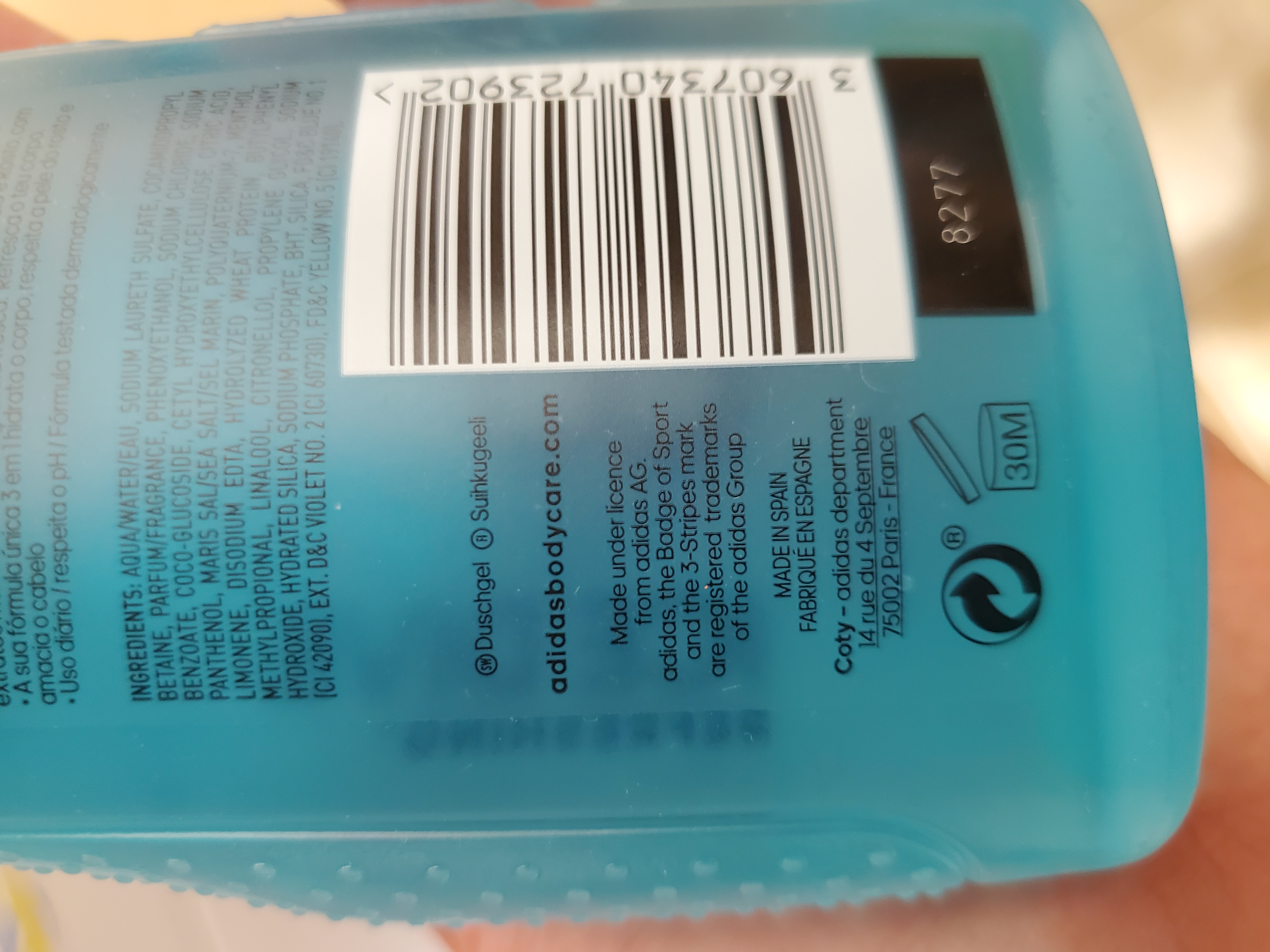 Official image of Shower gel ; Adidas ; Marine extract published by OECD 3