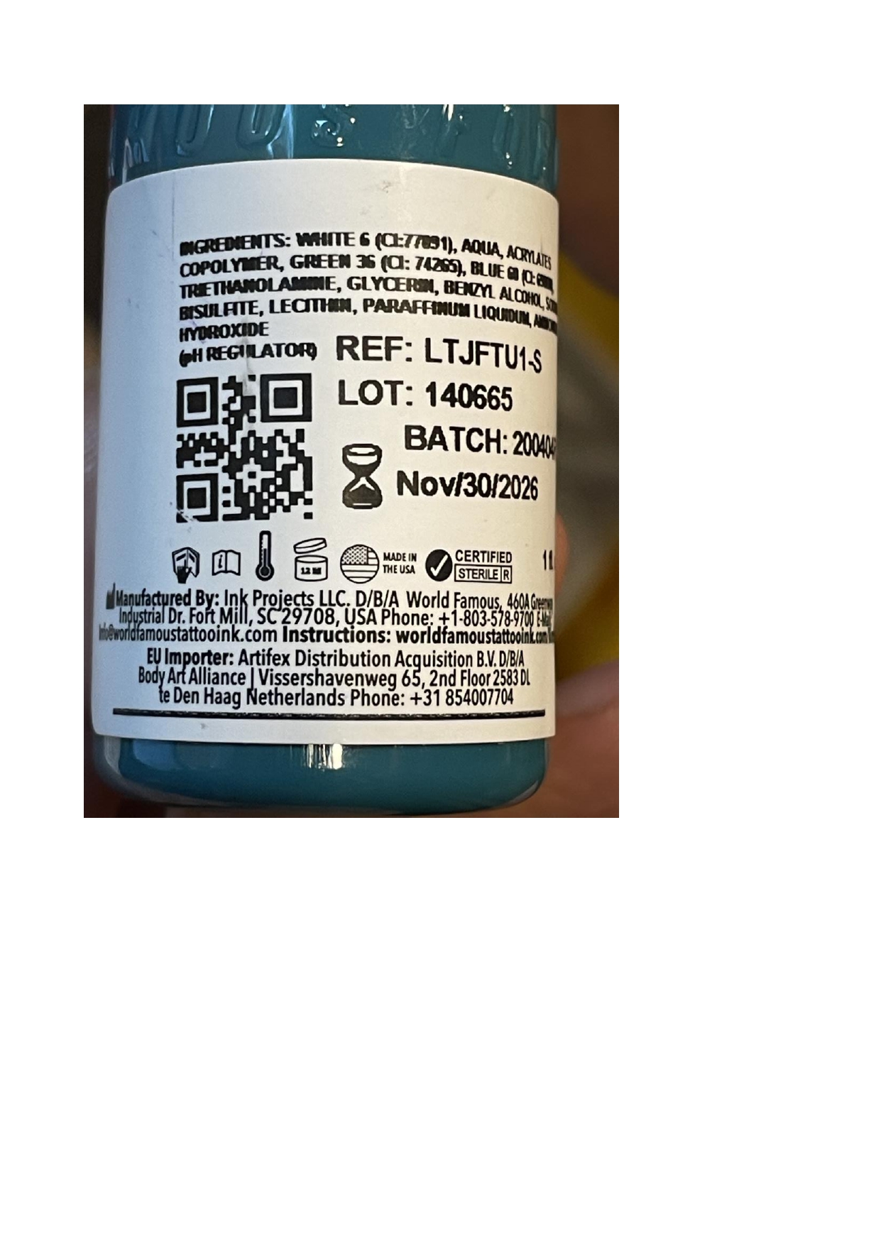 Official image of Tattoo ink ; WORLD FAMOUS TATTOO INK LIMITLESS ; Jay Freestyle Turquoise published by OECD 2