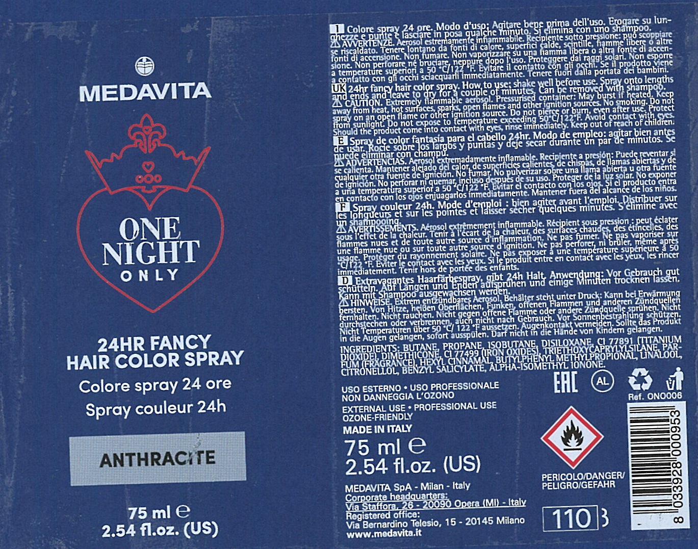 Official image of Hair dye spray ; Medavita ; One night only published by OECD 3